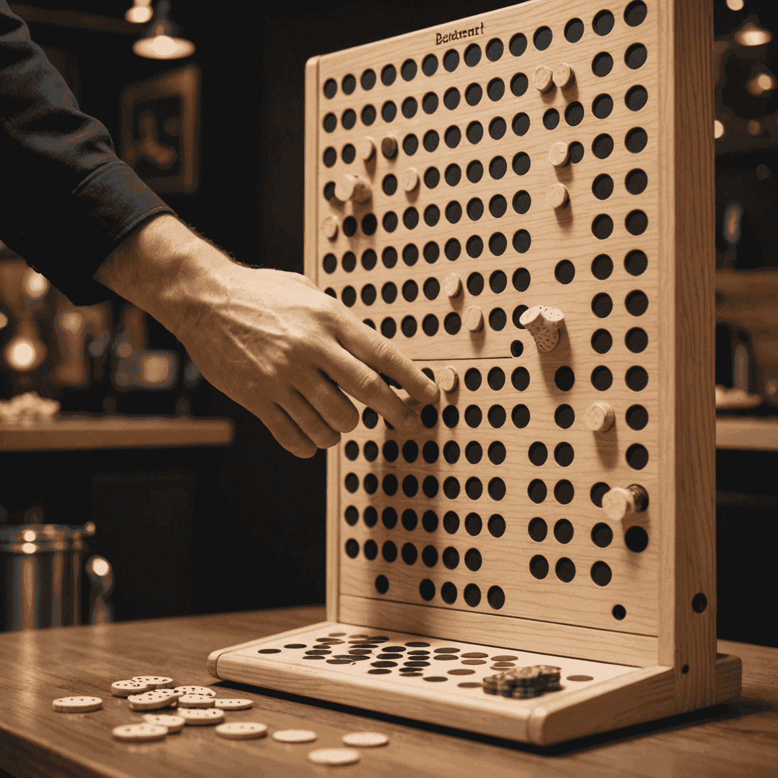 A Plinko board with multiple pegs and a player's hand dropping a chip from the top