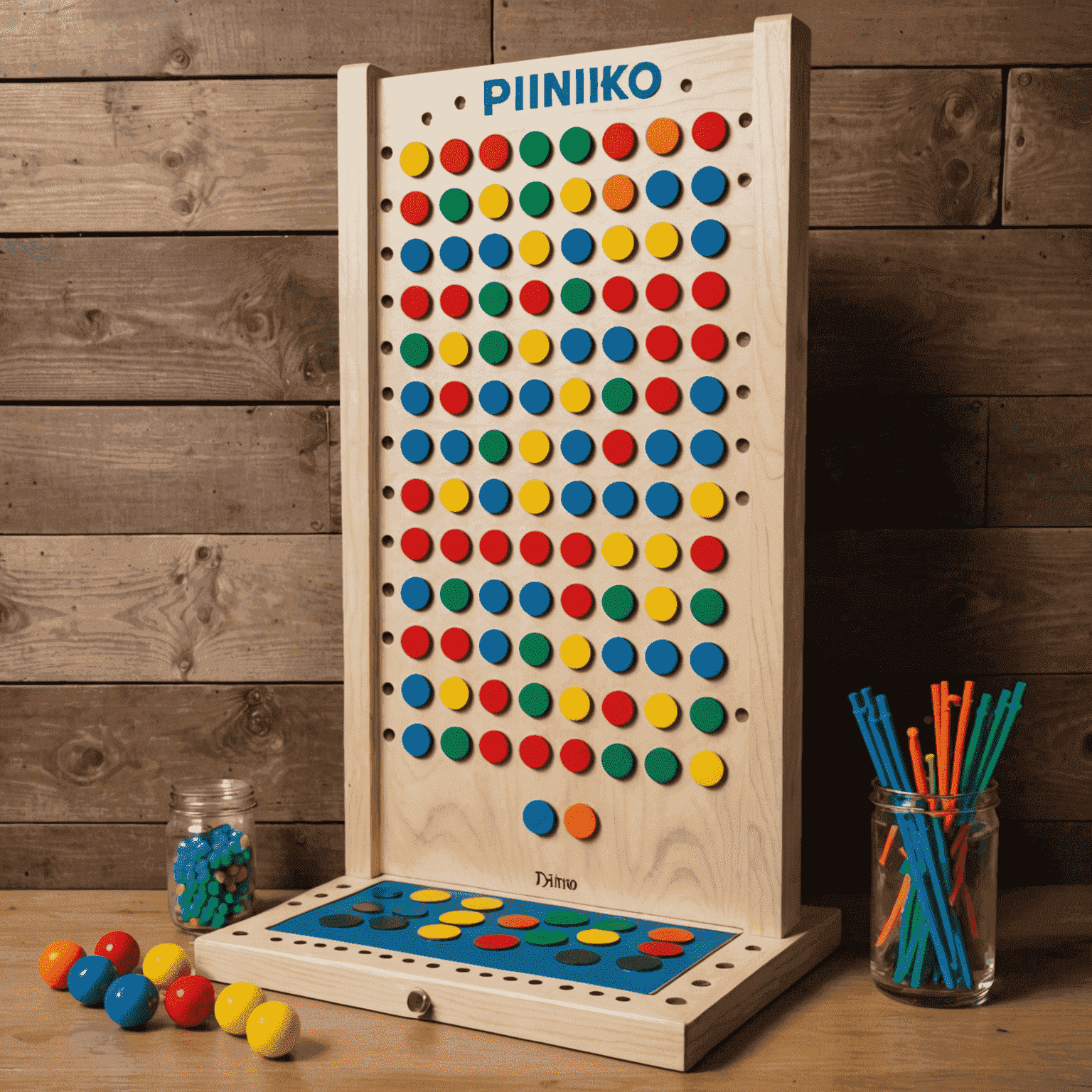 A completed DIY Plinko board with colorful pegs and a disc in mid-drop, showcasing the game's exciting gameplay