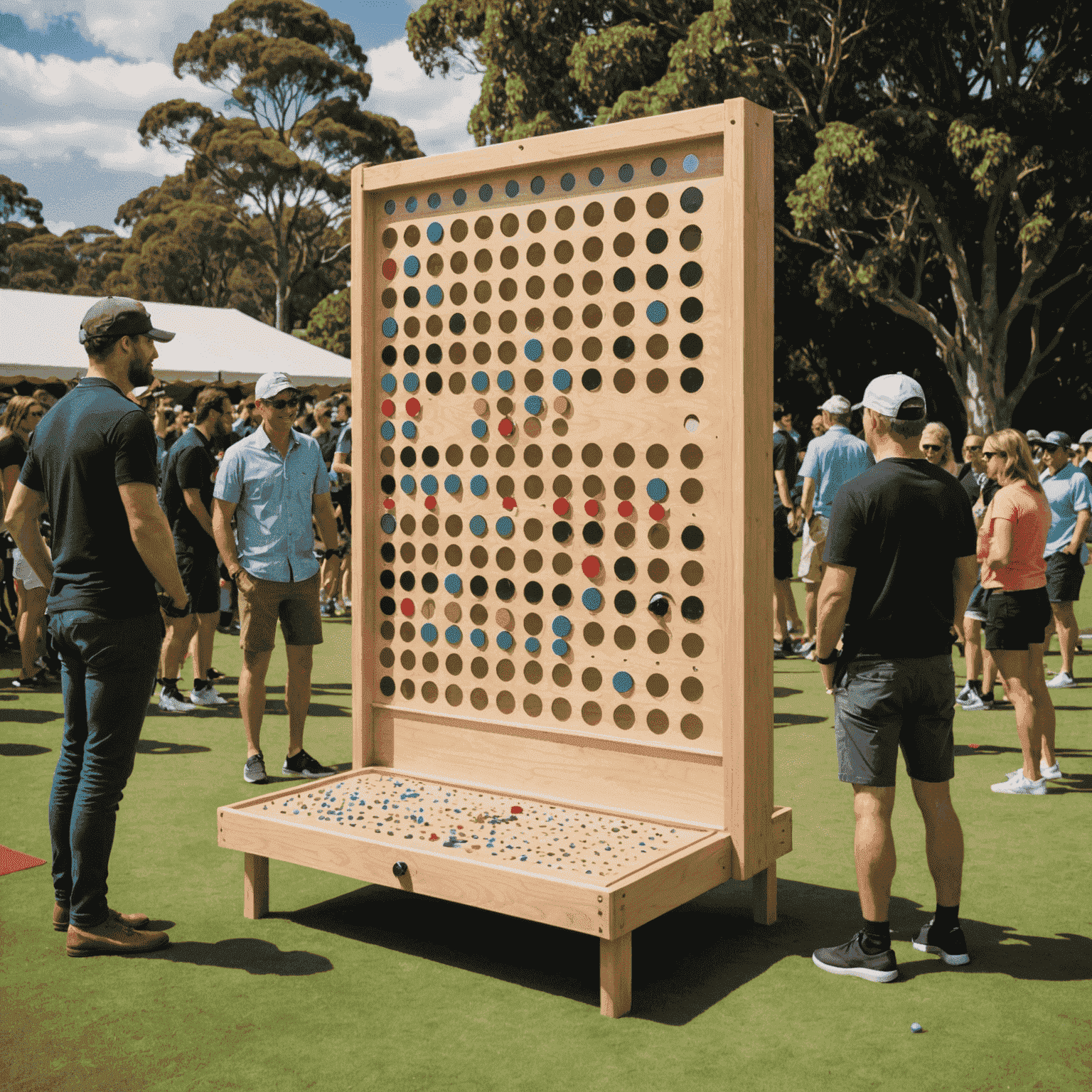 A large Plinko board set up for a tournament in Sydney, with excited participants and spectators gathered around