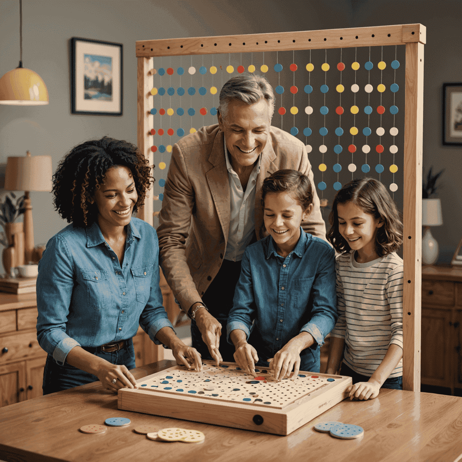A family gathered around a tabletop Plinko game, enjoying the excitement of dropping discs