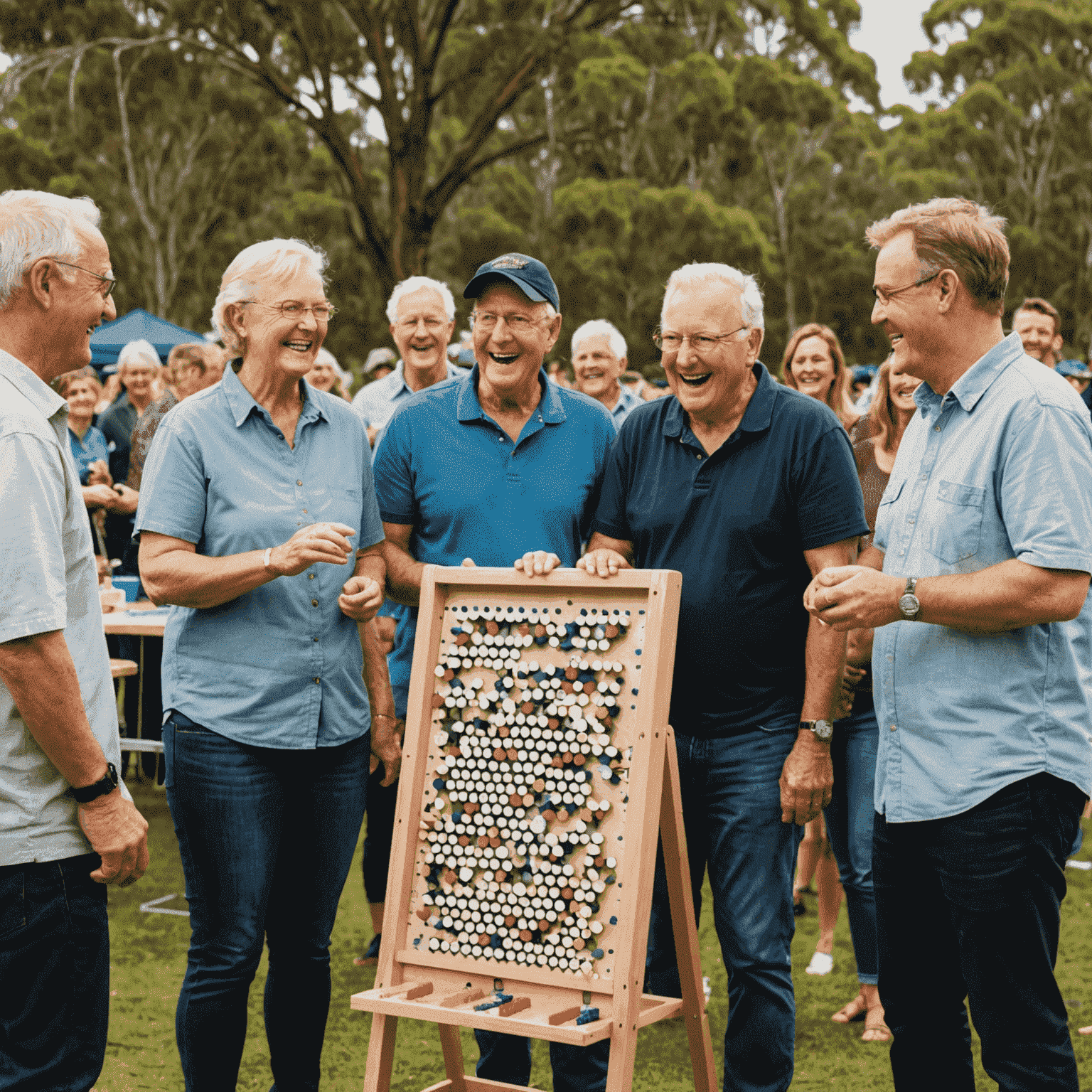 A diverse group of Australians playing Plinko at a community event, with smiles and laughter all around