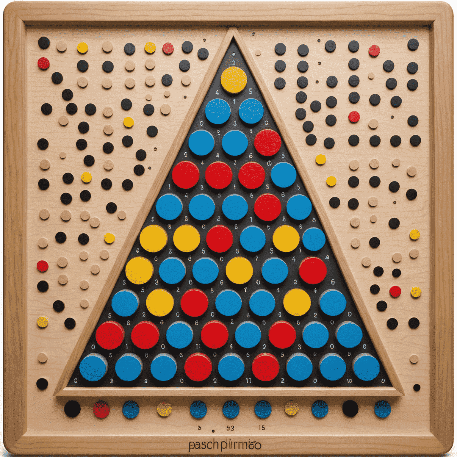 Pascal's Triangle overlaid on a Plinko board, showing the correlation between path probabilities and landing positions