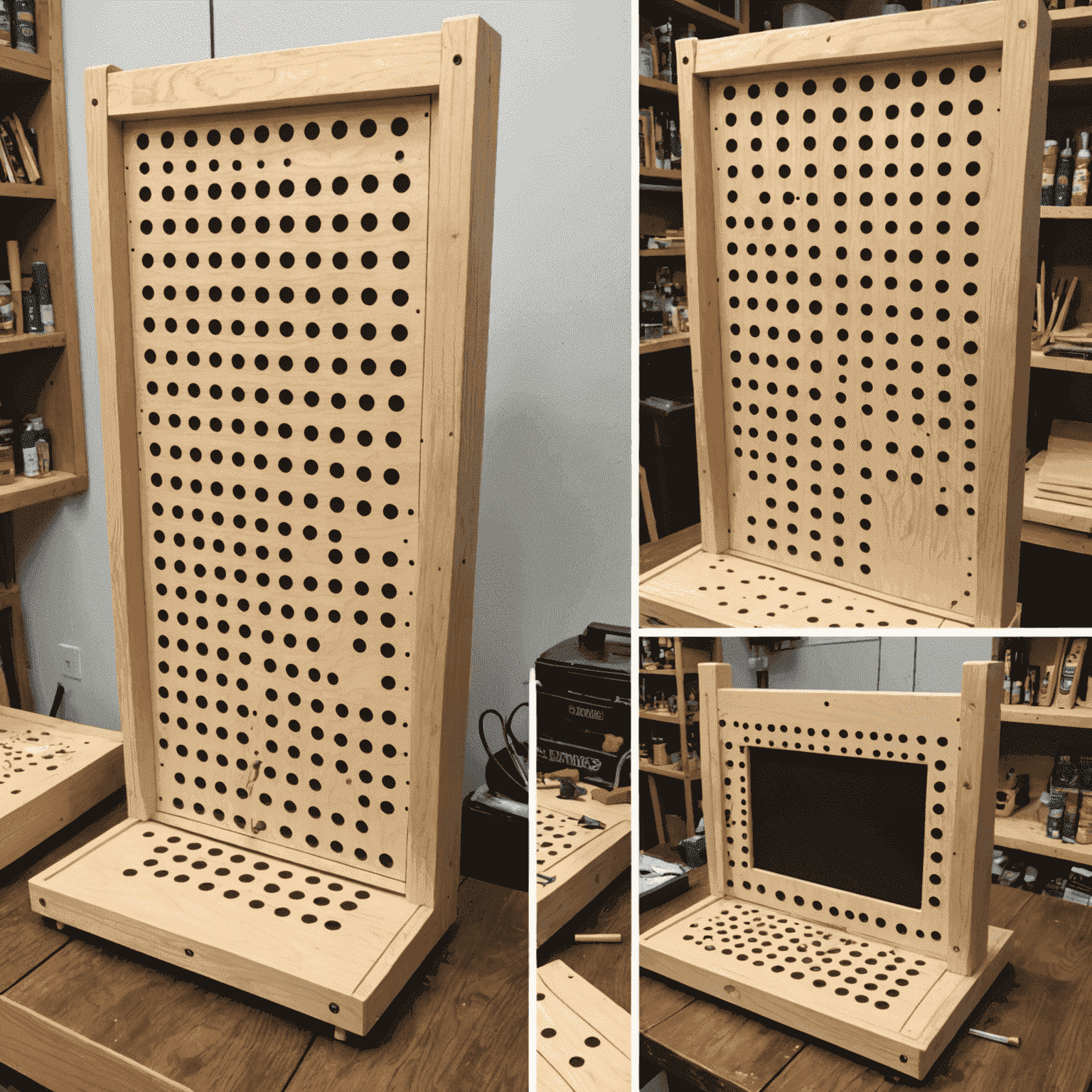 Step-by-step collage of building a Plinko board, showing materials, tools, and construction stages