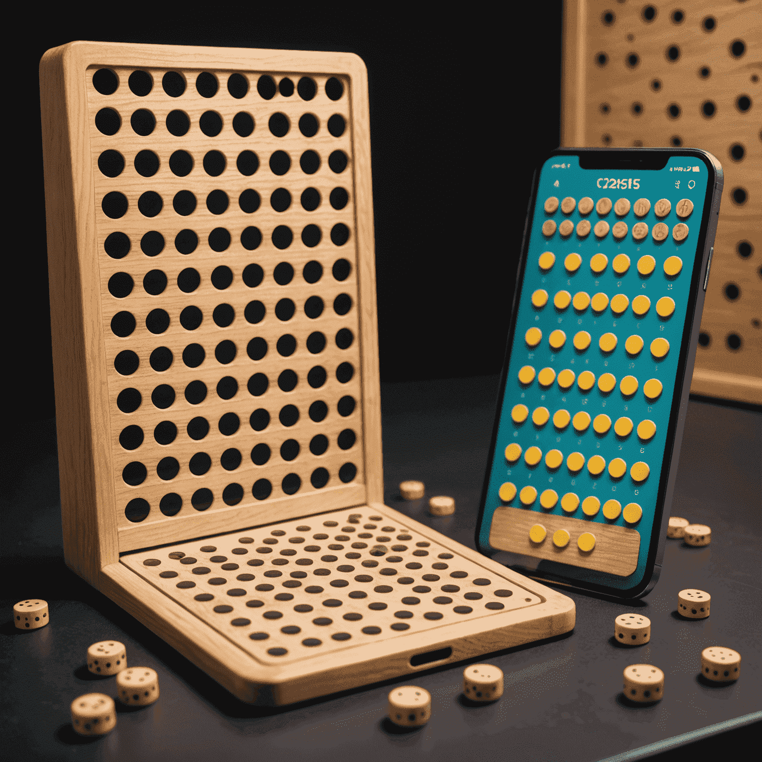 Split image showing a traditional Plinko board game and a digital Plinko game on a smartphone