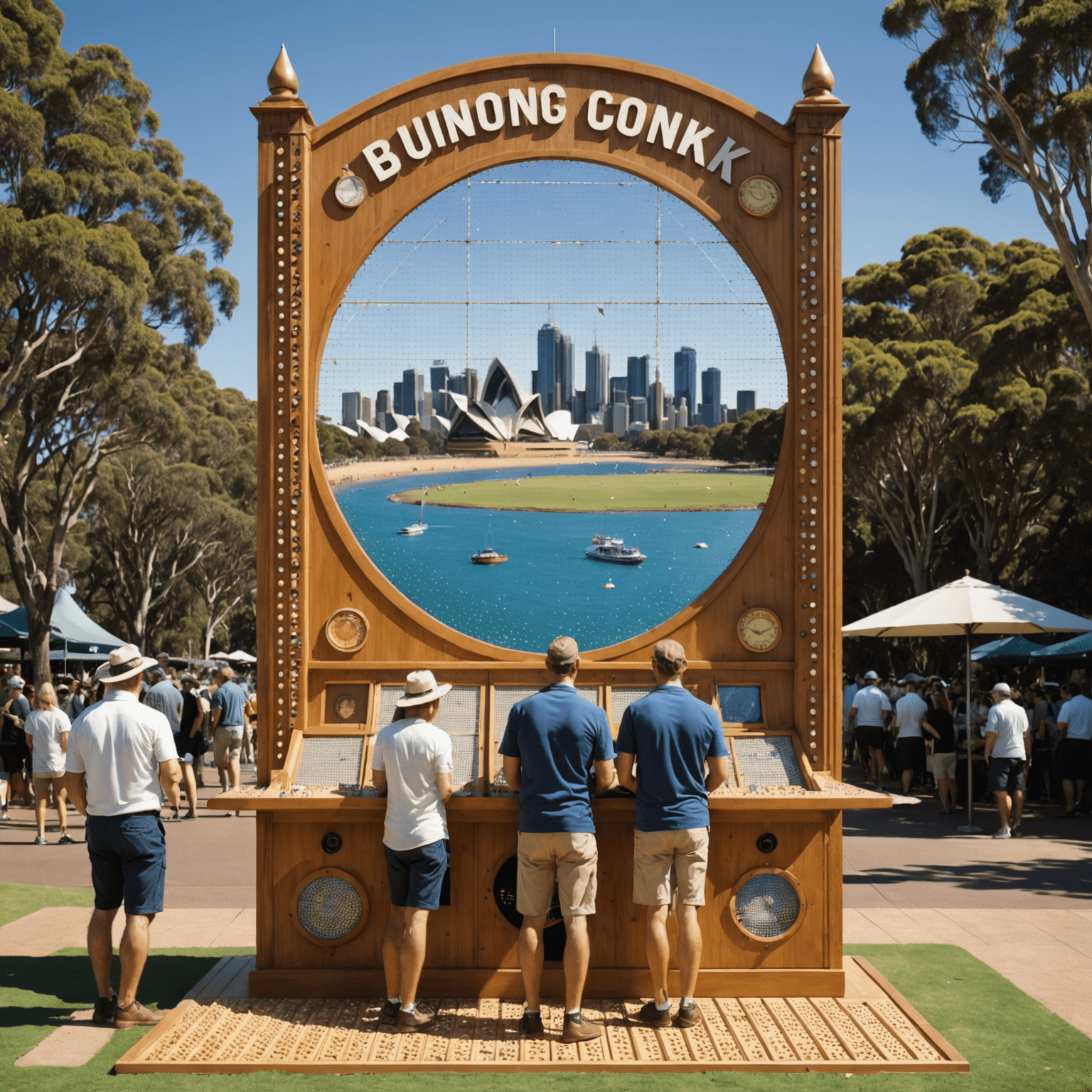 Montage of Australian landmarks with Plinko boards superimposed, showing players at various locations