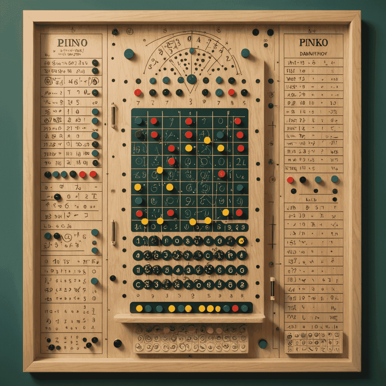 Diagram of a Plinko board with overlaid mathematical formulas, probability curves, and physics equations